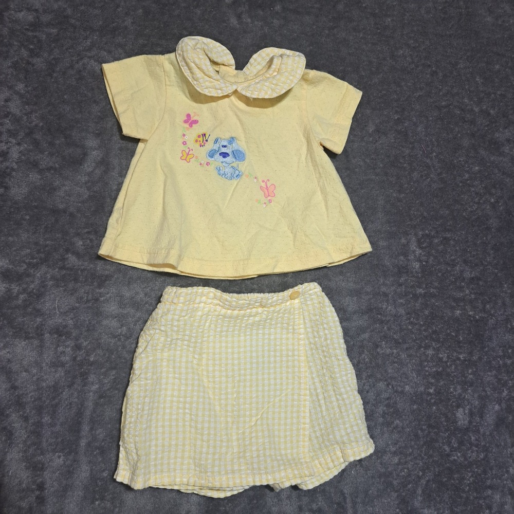 VTG Blues Clues Baby Girl 2PC Skort Top Set 6/9 Months Yellow Gingham Y2K Retro